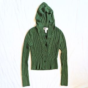 Womens So M Cable Knit Hooded Sweater Y2K Wool Blend Green Buttons Front
